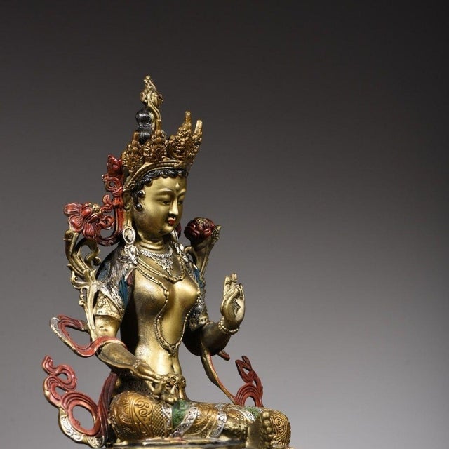 Traditional Late 19th Century Gilt Bronze Green Tara Statue, Tibetan Buddhist Figure, 1.69kg For Sale - Image 3 of 9