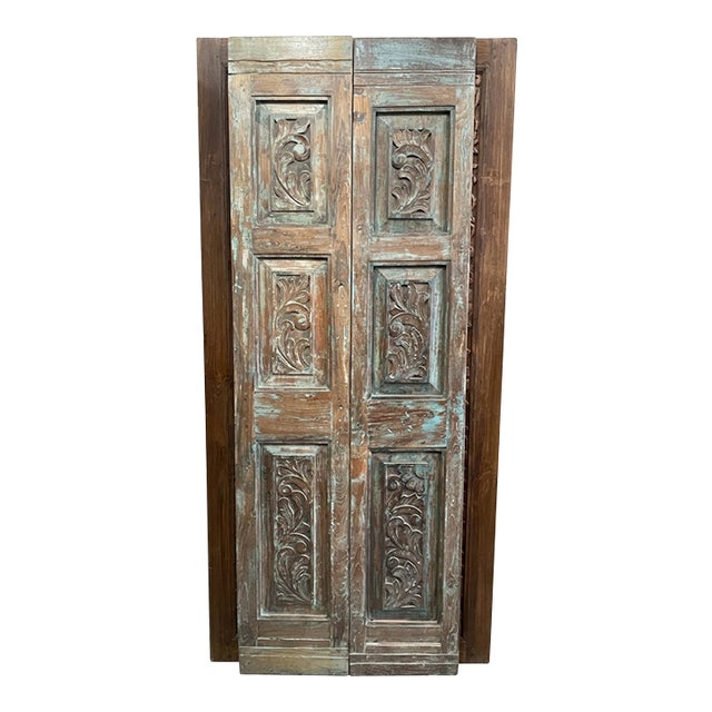 Vintage Carved Double Doors | Rustic Modern Hinged or Sliding Barn Doors 80 For Sale