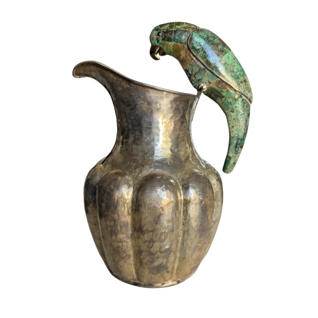 Los Castillo Mid 20th Century Los Castillo Silver Plate Pitcher With Malachite-Inlaid Parrot Handle For Sale - Image 4 of 11