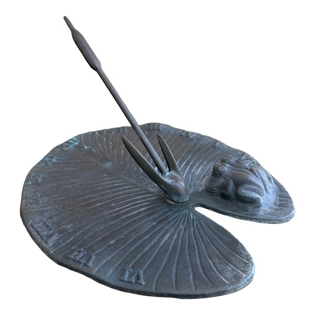 Vintage English Country Iron Garden Sundial With Frog on a Lily Pad For Sale