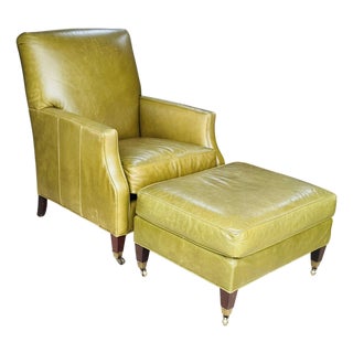 Vintage Cr Laine Olive Green Leather Lounge Chair & Ottoman | George Smith Style For Sale