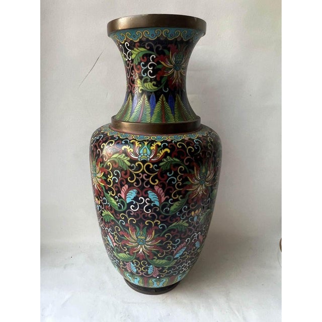 Antique Old Asian Chinoiserie Enameled Copper Vase For Sale - Image 4 of 10