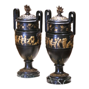 Pair of 19th C. French Neoclassical Cast Iron Cassolettes Urns on Marble Bases