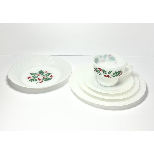 1970s 1970s Vintage 40-Piece Milk Glass Dinnerware Set Service 8 Holly Christmas For Sale - Image 5 of 7