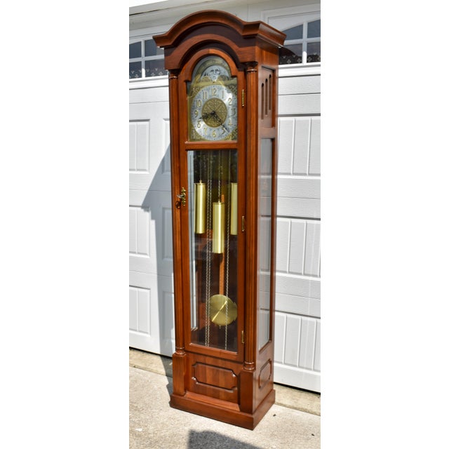 1990s Vintage Daneker Grandfather Clock Cherry Moon Phase Chime Beveled Glass For Sale - Image 5 of 18