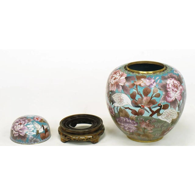 Metal Chinese Cloisonné Urns With Red-Crowned Cranes and Peonies - a Pair For Sale - Image 7 of 8