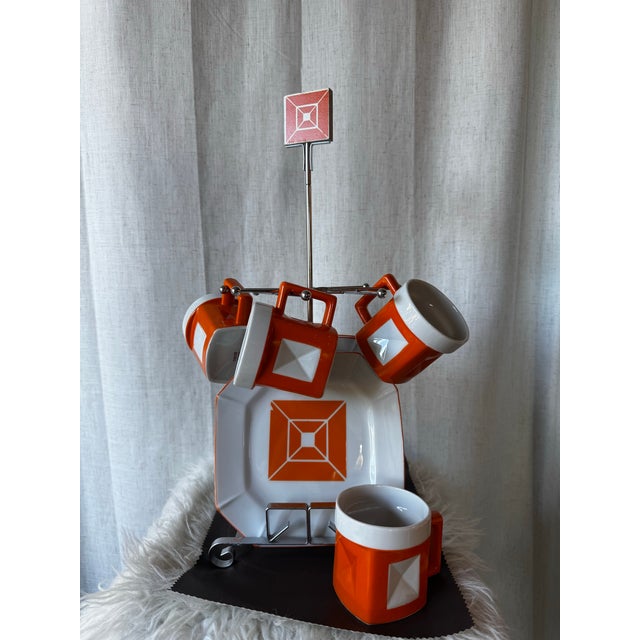1950s Mid-Century Modern Trend by Nasco Geometric Orange and White Ceramic Mug and Saucer Set - 9 pcs For Sale - Image 9 of 11