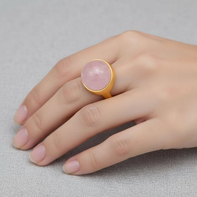 Modern Pink, Rose Quartz Cabochon Ring, Size 6.75 For Sale - Image 3 of 6