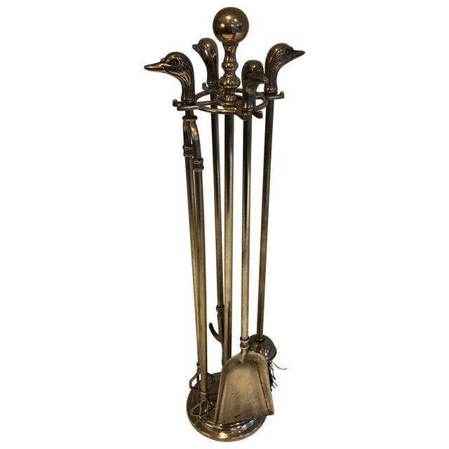 Circa 1970s French Neoclassical-Style Brass Duck Heads Fireplace Tool Set- 5 Pieces For Sale - Image 13 of 13