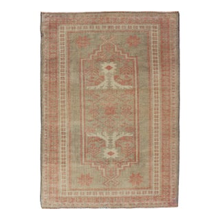 Vintage Turkish Oushak Rug With Geometric Design in Soft Red, and Light Green 2'6"x3'10" For Sale