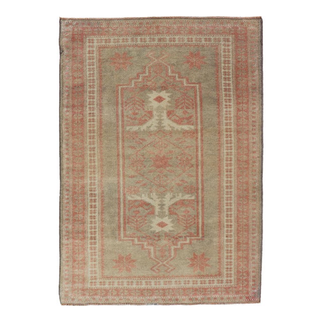 Vintage Turkish Oushak Rug With Geometric Design in Soft Red, and Light Green 2'6"x3'10" For Sale
