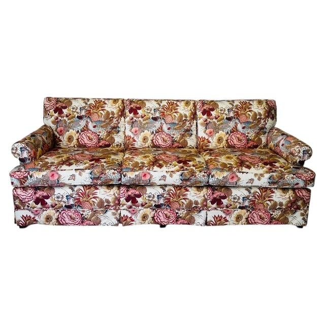 Vintage Harden Furniture sofa in exceptional condition, upholstered in a richly detailed Jacobean-style English country...