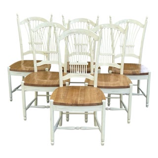 Wheat Back Dining Chairs, Set of Six, Malaysian Export, French Countyside, Rustic, Wood, Cottage For Sale