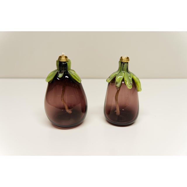 Contemporary Art Glass Eggplant Oil Lamps a Pair Signed For Sale - Image 3 of 7