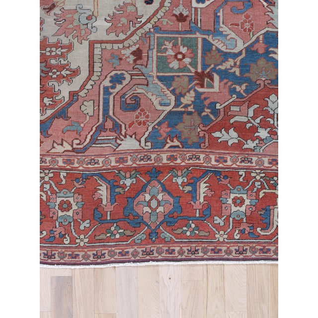 Antique Persian Heriz Carpet Handmade Wool Oriental Rug, Light, Pink, Light Blue For Sale - Image 16 of 18