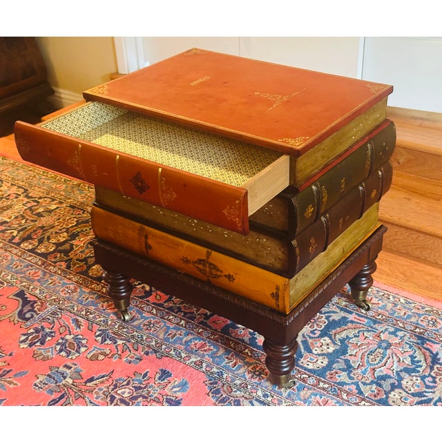 Vintage Italian Tooled Leather Stacked Book Side Table For Sale - Image 10 of 17