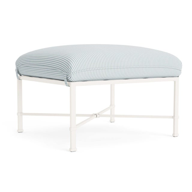 Brown Jordan Venetian Ottoman in Chalk with Artic Stripe Cushions For Sale