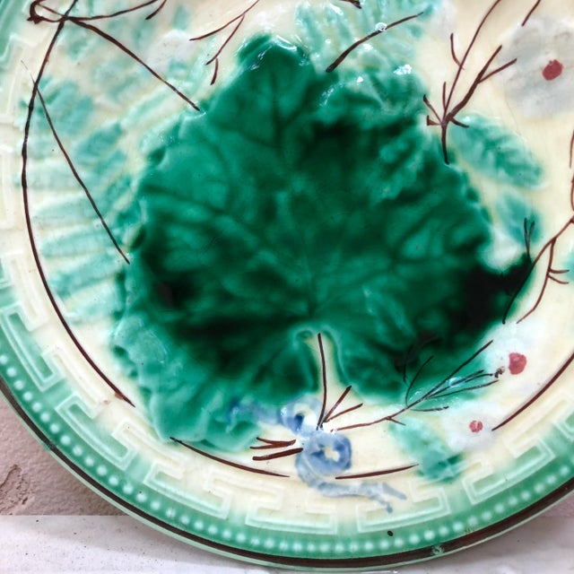Cabin Austrian Majolica Leaves & Flowers Plate Circa 1890 For Sale - Image 3 of 8