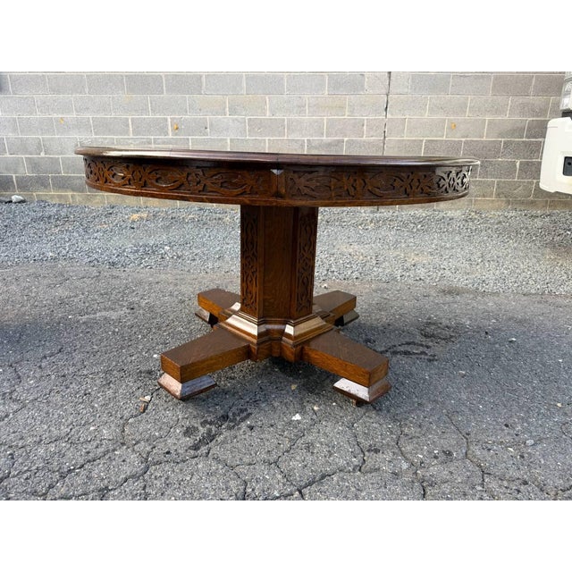 Brown Antique Hand Carved Tiger Oak Pedestal Base Dining Table. For Sale - Image 8 of 17