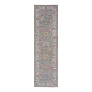 Modern Oushak Runner With Orange and Blue Motifs on Light Gray Background