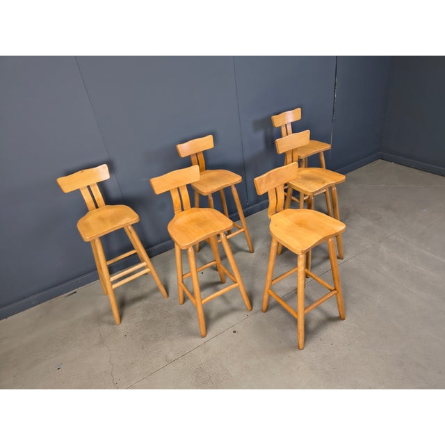 Wood Mid-Century Brutalist Bar Stools, 1960s, Set of 6 For Sale - Image 7 of 15
