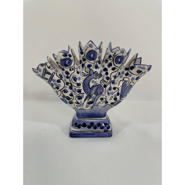 A charming faience blue and white Five Finger Tulip Vase or Tulipiere from the Mid 20th Century (1950s-70s). Made in...