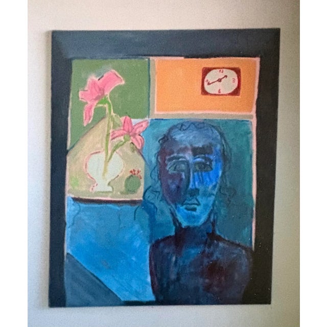 Blue Large Vintage Abstract Oil Painting of a Lady by Artist JoAnne Fleming, 40” X 32” For Sale - Image 8 of 8