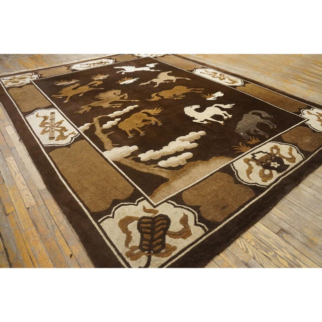 Brown 1930s Brown Horse Pattern Antique Chinese Mongolian Wool Animal Rug For Sale - Image 8 of 8