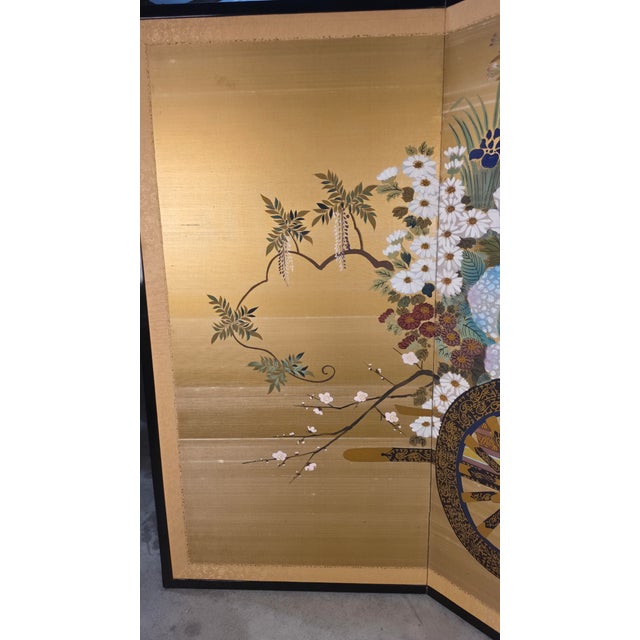 Late 20th Century Attributed Okuda Hōgen (Hōen) Japanese Hanaguruma Four-Panel Byōbu Folding Screen on Gold Silk, Early 20th Century For Sale - Image 5 of 16