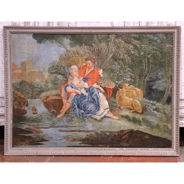 Mid 18th Century 18th Century French Rococo Pastoral Courtship Painting in Gray Frame For Sale - Image 5 of 9