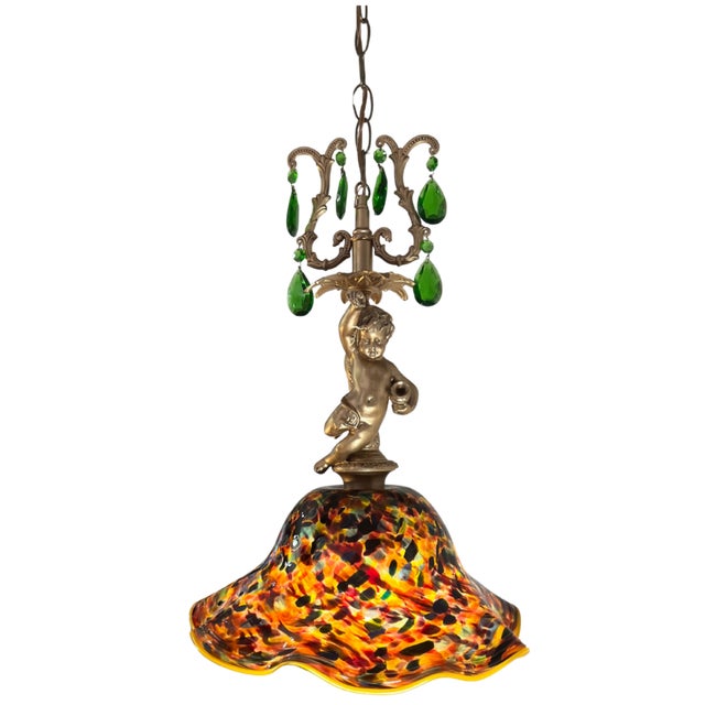 Signed Confetti Art Glass Shade Cherub Pendant Light For Sale In New York - Image 6 of 17