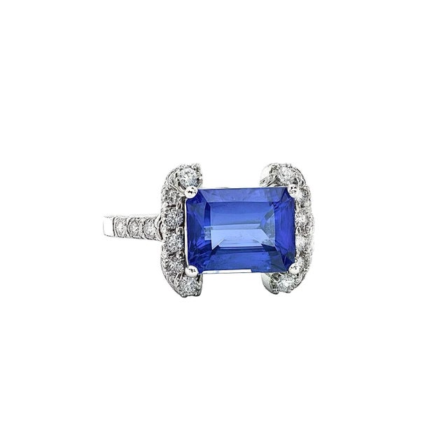 Blue Natural Tanzanite Diamond Ring Size 6.5 14k W Gold 3.89 TCW Certified For Sale - Image 8 of 12