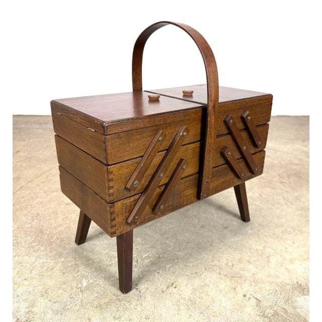 Mid-Century Modern 1960’s Mid Century Modern Expanding Wooden Sewing Box For Sale - Image 3 of 12
