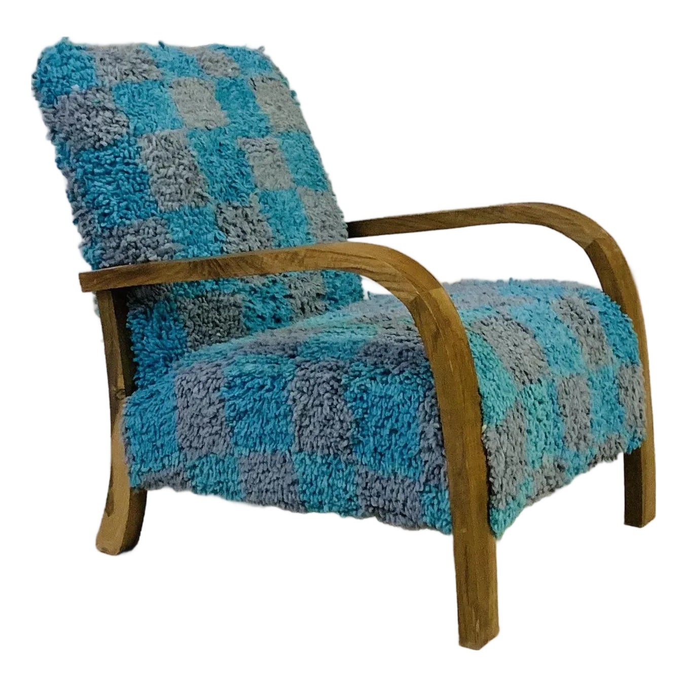 Handmade Moroccan Checkered Blue Turquoise and Gray Wool Chair | Chairish