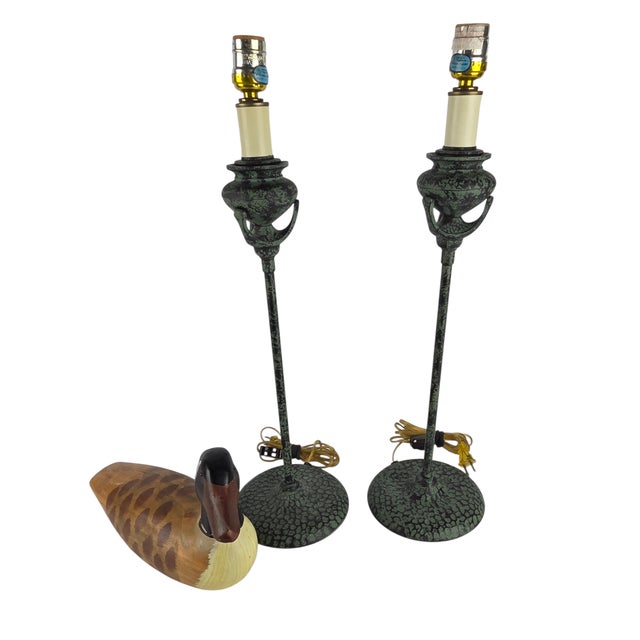 Frederick Cooper Attributed Frederick Cooper Verdigris Bronze Buffet Candlestick Lamps, Pair For Sale - Image 4 of 12