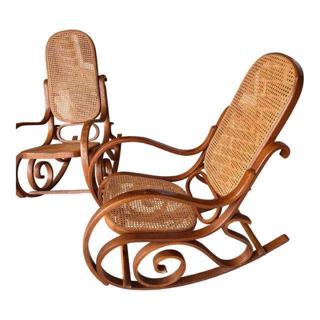 Vintage Bentwood Cane Rockers | Art Nouveau / Victorian Conservatory Style | Pair For Sale