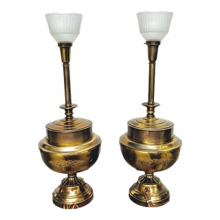 Pair of Vintage Brass Rembrandt Lamp Co Design Original Lamp Glass Shade Patina For Sale