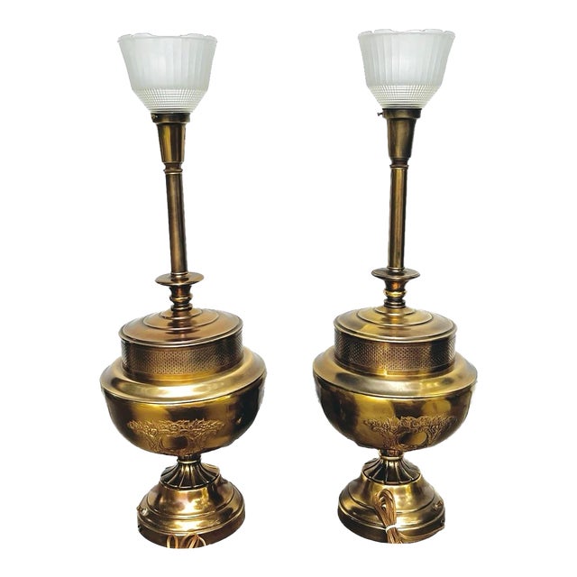 Pair of Vintage Brass Rembrandt Lamp Co Design Original Lamp Glass Shade Patina For Sale