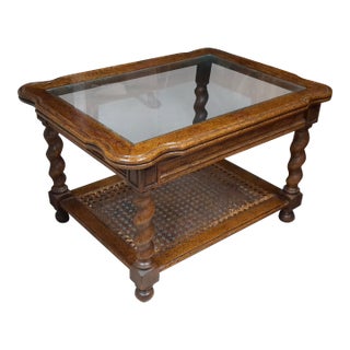 Mid-Century Barley Twist Oak and Cane Tiered Glass Top Side Table For Sale