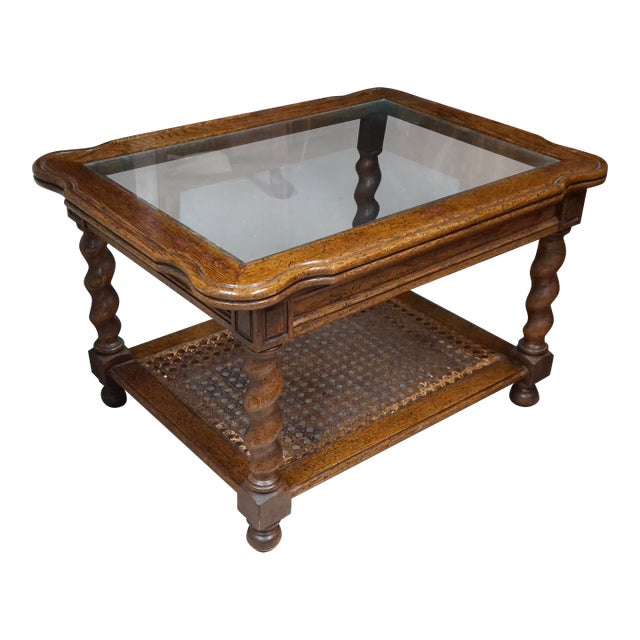 Mid-Century Barley Twist Oak and Cane Tiered Glass Top Side Table For Sale
