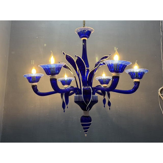 Postmodern Vintage Blue and White Murano Chandelier, Italy, 1980s For Sale - Image 3 of 15