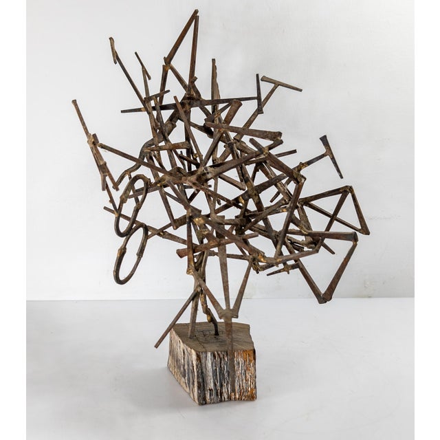 Wood Mid-Century Modern Brutalist Abstract Nail Sculpture on Wood Base For Sale - Image 7 of 12