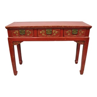 Vintage Chinese Red Lacquered 3 Drawer 45" Console Table Sofa Hall Table For Sale