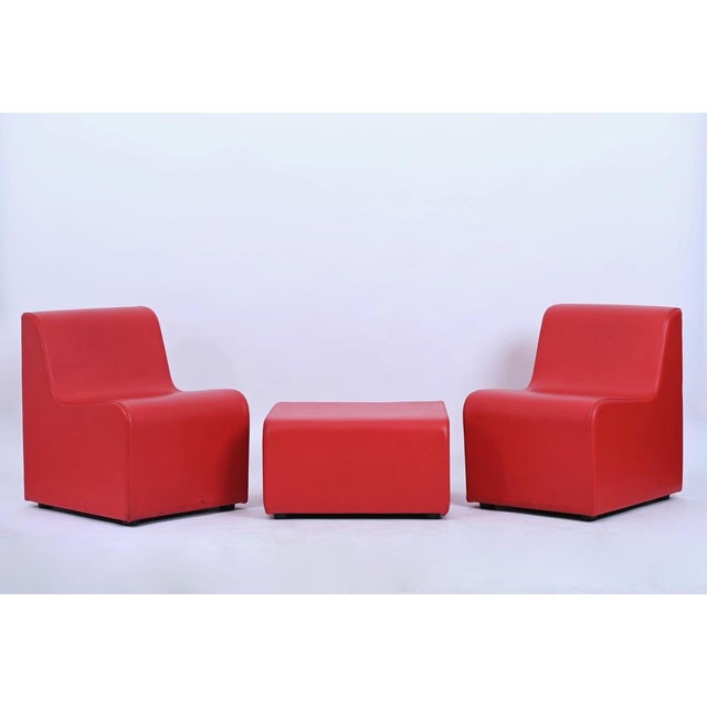 Mid-Century Modular Armchairs and Pouf in Red Leatherette, Italy, 1980s, Set of 3 For Sale - Image 11 of 17