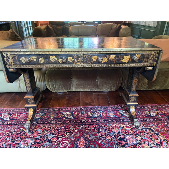 Early 19th Century Regency Brass-Mounted Black Lacquer and Parcel-Gilt Chinoiserie Sofa Table For Sale In Philadelphia - Image 6 of 12