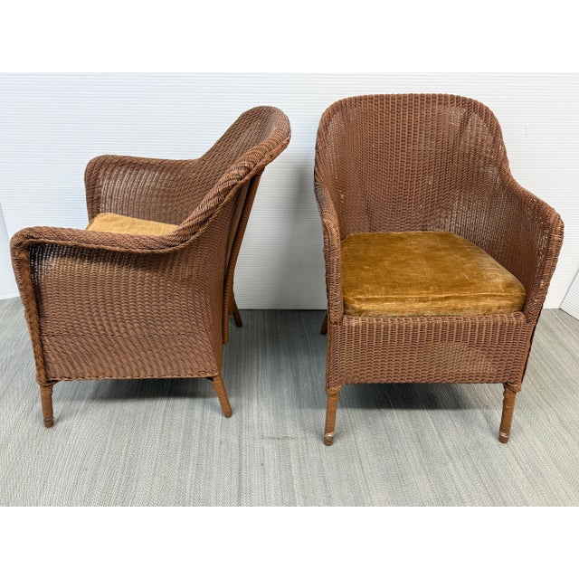 Wood Rattan Bucket Lounge Chairs With Goldenrod Velvet Seat Pads, Pair For Sale - Image 7 of 12