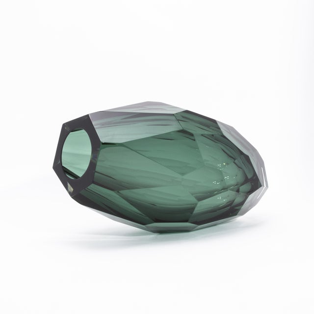 2020s Hand-Blown Murano Modern Tall Faceted Vase in Eucalyptus Green Large For Sale - Image 5 of 10