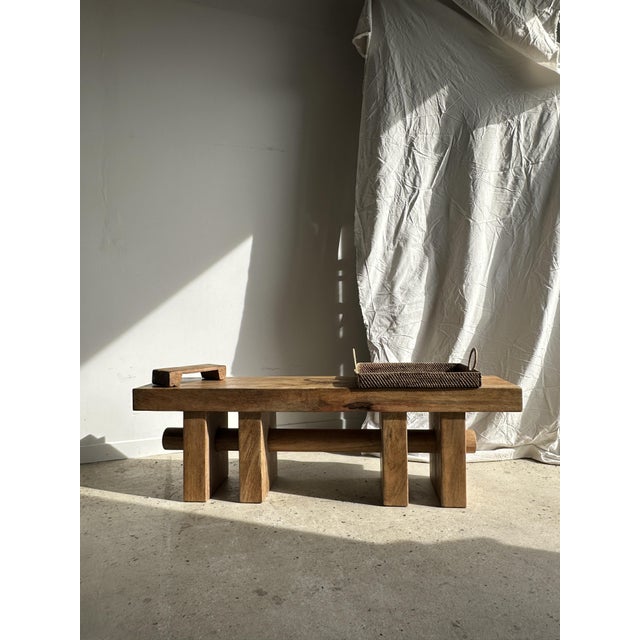 Contemporary Vintage Wooden Bench with Openwork Base For Sale - Image 3 of 14