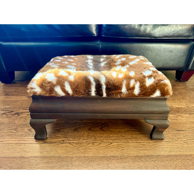 Mid 19th Century Faux Deer Hide Antique Footstool | Lodge Look | Cabin Decor Faux Fur Foot Rest | Farmhouse Stool Wood Legs For Sale - Image 9 of 11