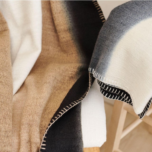Siro Brown and White Ombre Textured Throw in Hand Spun Merino and Hand Stitched Hem For Sale In Detroit - Image 6 of 9